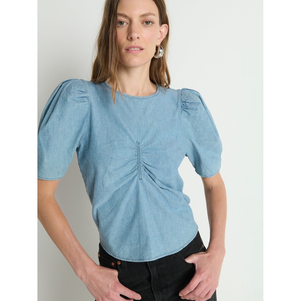 Nation LTD LA cecily babydoll Organic Cotton Puff Sleeve Ruched Blouse NWT denim